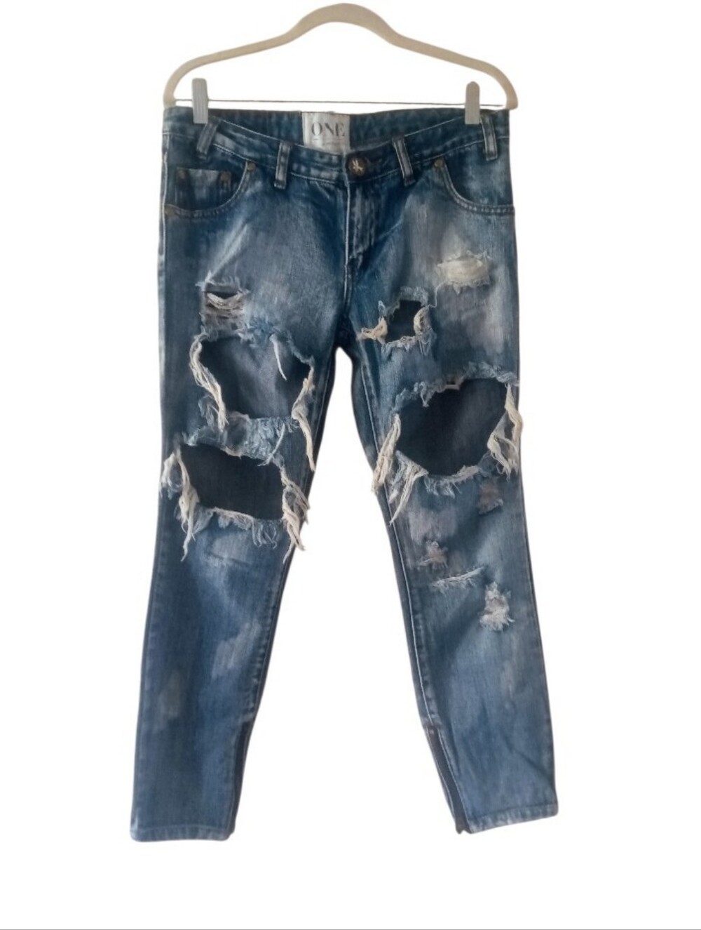 One Teaspoon Trashed Freebirds Jeans Heavily Distressed Ankle Zippers Size 28